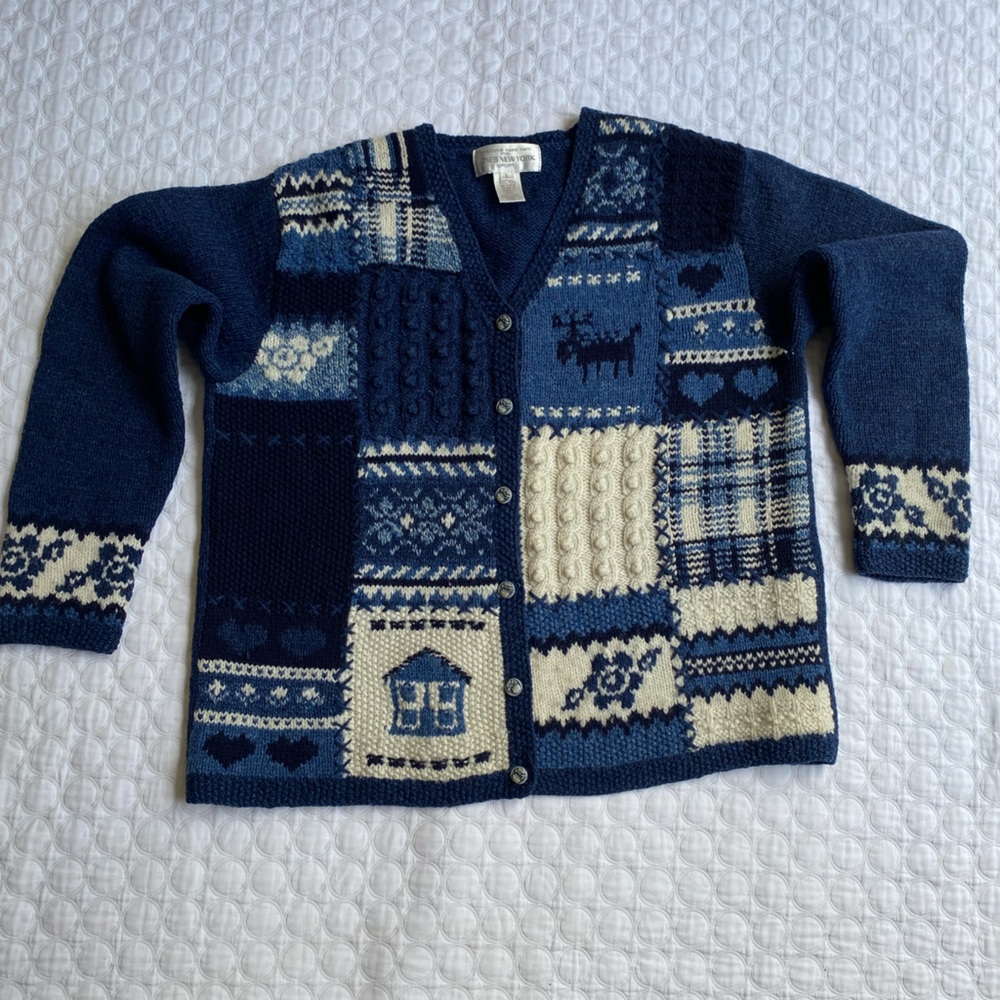 Vintage Jones New York SPORT Women Hand Knit Sweater Sz L Blue White 100% Wool - Picture 2 of 14